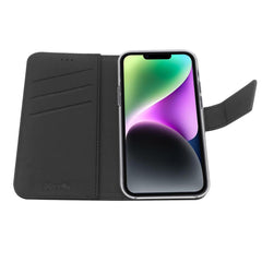 WALLY - Custodia a libro in pelle sintetica con chiusura flap magnetico, slot per carte e funzione stand colore nero compatibile con Apple iPhone 14