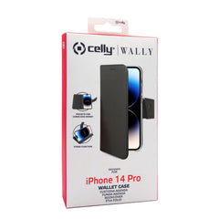 WALLY - Custodia a libro in pelle sintetica con chiusura flap magnetico, slot per carte e funzione stand colore nero compatibile con Apple iPhone 14 Pro