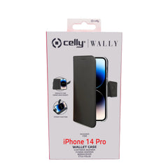 WALLY - Custodia a libro in pelle sintetica con chiusura flap magnetico, slot per carte e funzione stand colore nero compatibile con Apple iPhone 14 Pro