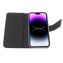 WALLY - Custodia a libro in pelle sintetica con chiusura flap magnetico, slot per carte e funzione stand colore nero compatibile con Apple iPhone 14 Pro Max