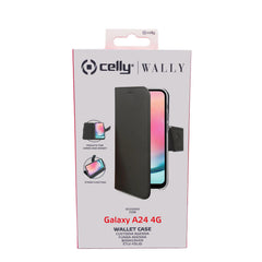 WALLY - Custodia a libro in pelle sintetica con chiusura flap magnetico, slot per carte e funzione stand colore nero compatibile con Samsung Galaxy A24 4G