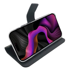 WALLY - Custodia a libro in pelle sintetica con chiusura flap magnetico, slot per carte e funzione stand colore nero compatibile con Apple iPhone 15 Plus [IPHONE 15 CASES]