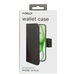 WALLY - Custodia a libro in pelle sintetica con chiusura flap magnetico, slot per carte e funzione stand colore nero compatibile con Apple iPhone 15 Plus [IPHONE 15 CASES]