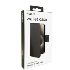 WALLY - Custodia a libro in pelle sintetica con chiusura flap magnetico, slot per carte e funzione stand colore nero compatibile con Apple iPhone 15 Pro Max [IPHONE 15 CASES]