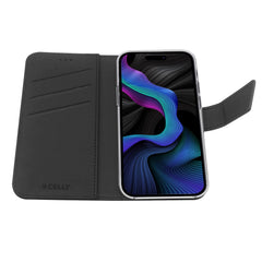 WALLY - Custodia a libro in pelle sintetica con chiusura flap magnetico, slot per carte e funzione stand colore nero compatibile con Samsung Galaxy S23 FE