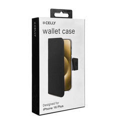 WALLY - Custodia a libro in pelle sintetica con chiusura flap magnetico, slot per carte e funzione stand colore nero compatibile con Apple iPhone 16 Plus [IPHONE 16 CASES]