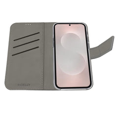 WALLY - Custodia a libro in pelle sintetica con chiusura flap magnetico, slot per carte e funzione stand colore nero compatibile con Samsung Galaxy S25 Edge