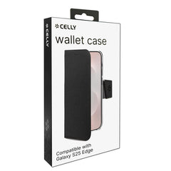 WALLY - Custodia a libro in pelle sintetica con chiusura flap magnetico, slot per carte e funzione stand colore nero compatibile con Samsung Galaxy S25 Edge