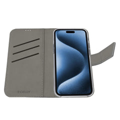 WALLY - Custodia a libro in pelle sintetica con chiusura flap magnetico, slot per carte e funzione stand colore nero compatibile con Apple iPhone 17 Pro [IPHONE 17 CASES]