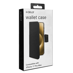 WALLY - Custodia a libro in pelle sintetica con chiusura flap magnetico, slot per carte e funzione stand colore nero compatibile con Apple iPhone 17 Pro Max [IPHONE 17 CASES]