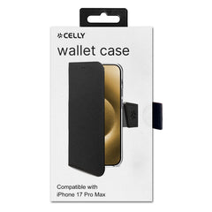 WALLY - Custodia a libro in pelle sintetica con chiusura flap magnetico, slot per carte e funzione stand colore nero compatibile con Apple iPhone 17 Pro Max [IPHONE 17 CASES]