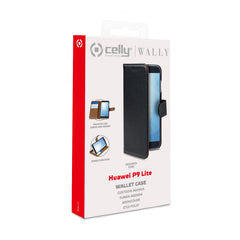WALLY - Custodia a libro in pelle sintetica con chiusura flap magnetico, slot per carte e funzione stand colore nero compatibile con Huawei P9 Lite