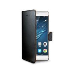WALLY - Custodia a libro in pelle sintetica con chiusura flap magnetico, slot per carte e funzione stand colore nero compatibile con Huawei P9 Plus