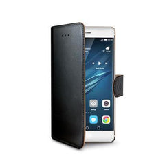 WALLY - Custodia a libro in pelle sintetica con chiusura flap magnetico, slot per carte e funzione stand colore nero compatibile con Huawei P9 Plus