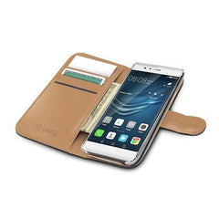 WALLY - Custodia a libro in pelle sintetica con chiusura flap magnetico, slot per carte e funzione stand colore nero compatibile con Huawei P9 Plus