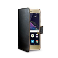 WALLY - Custodia a libro in pelle sintetica con chiusura flap magnetico, slot per carte e funzione stand colore nero compatibile con Huawei P8 Lite 2017