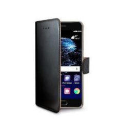 WALLY - Custodia a libro in pelle sintetica con chiusura flap magnetico, slot per carte e funzione stand colore nero compatibile con Huawei P10 Plus