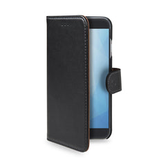 WALLY - Custodia a libro in pelle sintetica con chiusura flap magnetico, slot per carte e funzione stand colore nero compatibile con Samsung Galaxy A7 2017