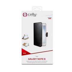 WALLY - Custodia a libro in pelle sintetica con chiusura flap magnetico, slot per carte e funzione stand colore nero compatibile con Samsung Galaxy Note 8