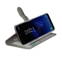 WALLY - Custodia a libro in pelle sintetica con chiusura flap magnetico, slot per carte e funzione stand colore bianco compatibile con Samsung Galaxy S8+