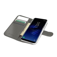 WALLY - Custodia a libro in pelle sintetica con chiusura flap magnetico, slot per carte e funzione stand colore bianco compatibile con Samsung Galaxy S8+