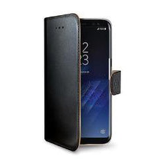 WALLY - Custodia a libro in pelle sintetica con chiusura flap magnetico, slot per carte e funzione stand colore nero compatibile con Samsung Galaxy S8+