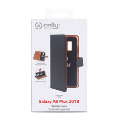 WALLY - Custodia a libro in pelle sintetica con chiusura flap magnetico, slot per carte e funzione stand colore nero compatibile con Samsung Galaxy A8+ 2018