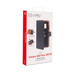 WALLY - Custodia a libro in pelle sintetica con chiusura flap magnetico, slot per carte e funzione stand colore nero compatibile con Samsung Galaxy A8+ 2018