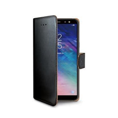 WALLY - Custodia a libro in pelle sintetica con chiusura flap magnetico, slot per carte e funzione stand colore nero compatibile con Samsung Galaxy A6 2018
