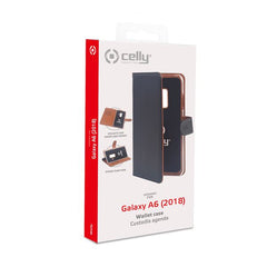 WALLY - Custodia a libro in pelle sintetica con chiusura flap magnetico, slot per carte e funzione stand colore nero compatibile con Samsung Galaxy A6 2018