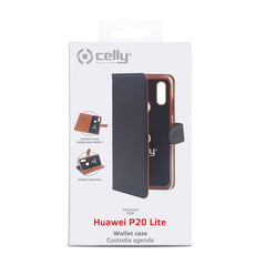 WALLY - Custodia a libro in pelle sintetica con chiusura flap magnetico, slot per carte e funzione stand colore nero compatibile con Huawei P20 Lite