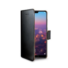 WALLY - Custodia a libro in pelle sintetica con chiusura flap magnetico, slot per carte e funzione stand colore nero compatibile con Huawei P20