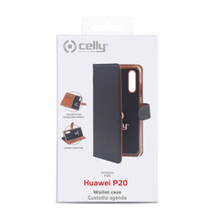WALLY - Custodia a libro in pelle sintetica con chiusura flap magnetico, slot per carte e funzione stand colore nero compatibile con Huawei P20
