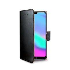 WALLY - Custodia a libro in pelle sintetica con chiusura flap magnetico, slot per carte e funzione stand colore nero compatibile con Honor 10