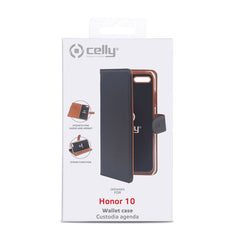 WALLY - Custodia a libro in pelle sintetica con chiusura flap magnetico, slot per carte e funzione stand colore nero compatibile con Honor 10