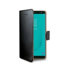 WALLY - Custodia a libro in pelle sintetica con chiusura flap magnetico, slot per carte e funzione stand colore nero compatibile con Samsung Galaxy J6 2018