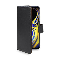WALLY - Custodia a libro in pelle sintetica con chiusura flap magnetico, slot per carte e funzione stand colore nero compatibile con Samsung Galaxy Note 9