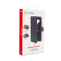 WALLY - Custodia a libro in pelle sintetica con chiusura flap magnetico, slot per carte e funzione stand colore nero compatibile con Samsung Galaxy Note 9