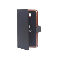 WALLY - Custodia a libro in pelle sintetica con chiusura flap magnetico, slot per carte e funzione stand colore nero compatibile con Samsung Galaxy J4+