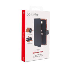 WALLY - Custodia a libro in pelle sintetica con chiusura flap magnetico, slot per carte e funzione stand colore nero compatibile con Samsung Galaxy J4+