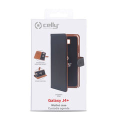 WALLY - Custodia a libro in pelle sintetica con chiusura flap magnetico, slot per carte e funzione stand colore nero compatibile con Samsung Galaxy J4+