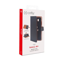 WALLY - Custodia a libro in pelle sintetica con chiusura flap magnetico, slot per carte e funzione stand colore nero compatibile con Samsung Galaxy J6+