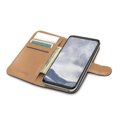 WALLY - Custodia a libro in pelle sintetica con chiusura flap magnetico, slot per carte e funzione stand colore nero compatibile con Samsung Galaxy S9