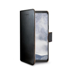 WALLY - Custodia a libro in pelle sintetica con chiusura flap magnetico, slot per carte e funzione stand colore nero compatibile con Samsung Galaxy S9+