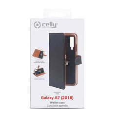 WALLY - Custodia a libro in pelle sintetica con chiusura flap magnetico, slot per carte e funzione stand colore nero compatibile con Samsung Galaxy A7 2018