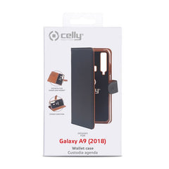 WALLY - Custodia a libro in pelle sintetica con chiusura flap magnetico, slot per carte e funzione stand colore nero compatibile con Samsung Galaxy A9 2018