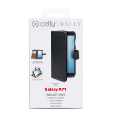 WALLY - Custodia a libro in pelle sintetica con chiusura flap magnetico, slot per carte e funzione stand colore nero compatibile con Samsung Galaxy A71