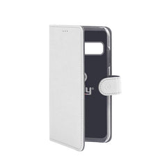 WALLY - Custodia a libro in pelle sintetica con chiusura flap magnetico, slot per carte e funzione stand colore bianco compatibile con Samsung Galaxy S10+