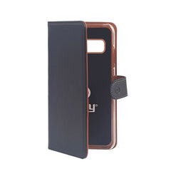 WALLY - Custodia a libro in pelle sintetica con chiusura flap magnetico, slot per carte e funzione stand colore nero compatibile con Samsung Galaxy S10+