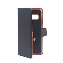 WALLY - Custodia a libro in pelle sintetica con chiusura flap magnetico, slot per carte e funzione stand colore nero compatibile con Samsung Galaxy S10+